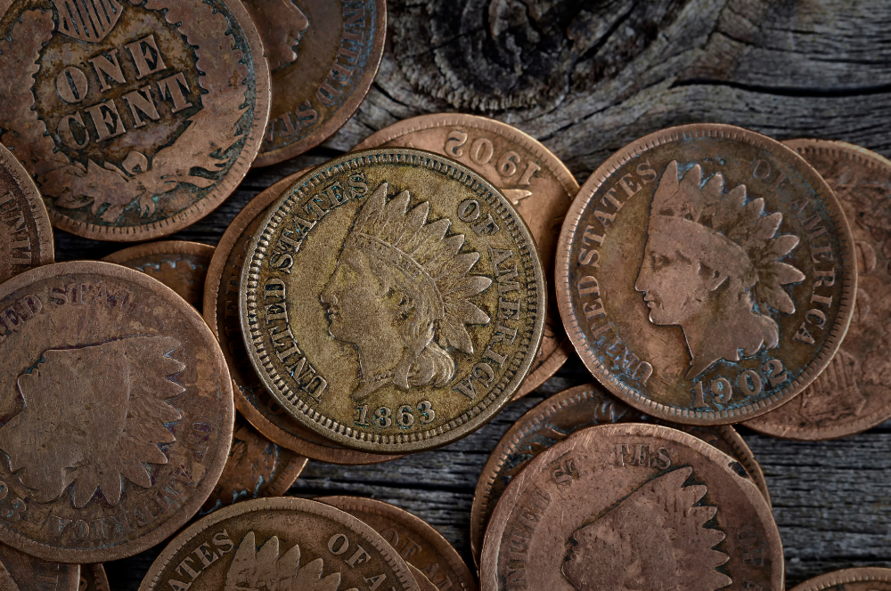 Close-up of rare Indian Head cents from 1800s and early 1900s – Coin Buyers in Tyler.